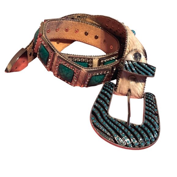 BHW Unisex Belt Leather Cowhide Turquoise Rhinestone Silver XL 41L Western Bling - Picture 4 of 9
